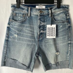 NWT PISTOLA Women's Nico High Rise Mom Denim Shorts  asymmetrical hem Size 28
